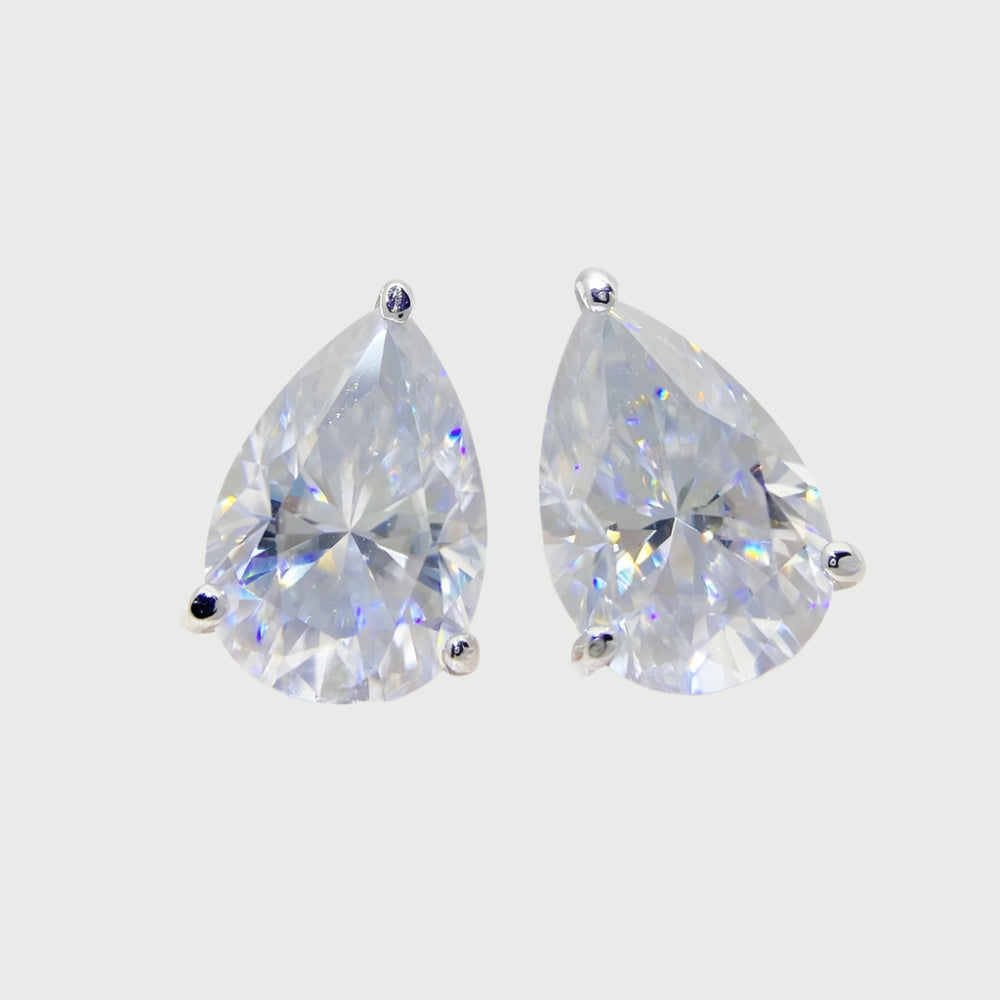 Moissanite Diamond Sterling Silver Pear Earrings in White/Yellow Gold