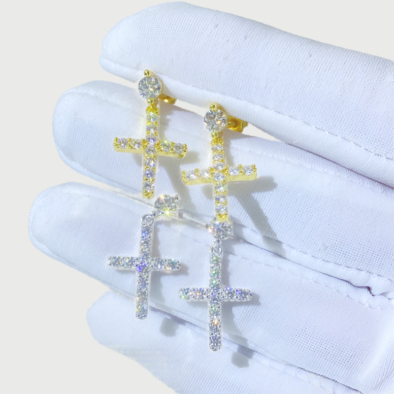 Moissanite Diamond T Cross Earrings in Yellow/White Gold - The Jewelry Plug