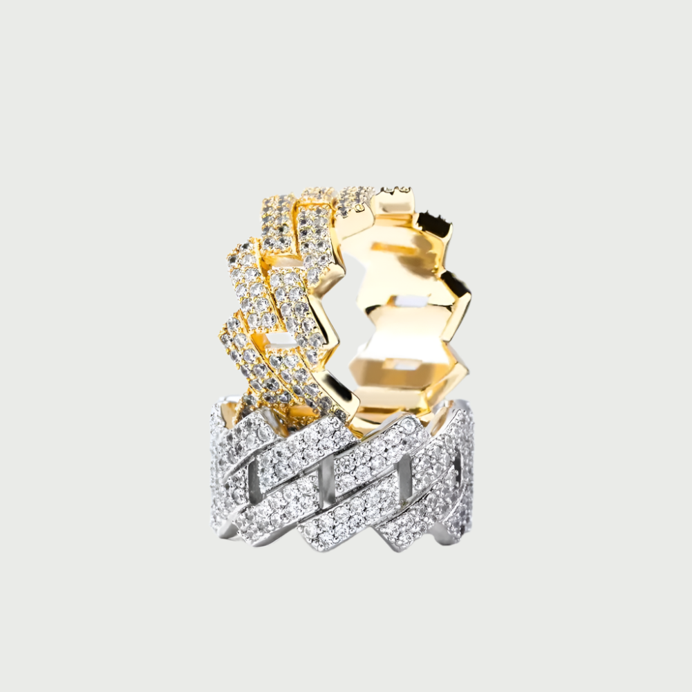 Moissanite DIamond Prong Set Cuban Link Ring in Yellow/White Gold - The Jewelry Plug