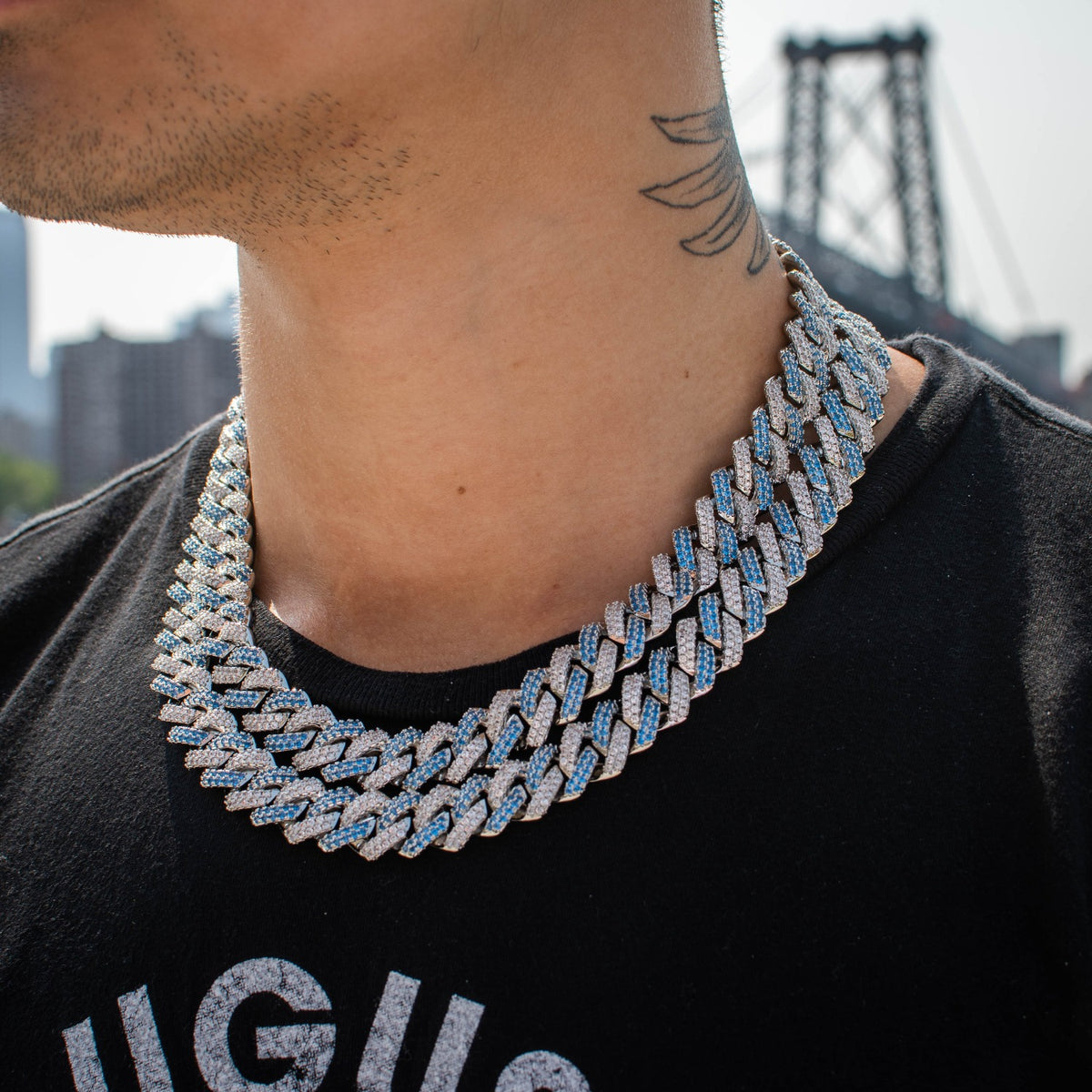 Two Tone Blue/White Gold Prong Cuban Link Chain - The Jewelry Plug