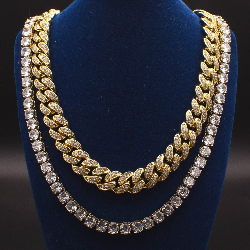 Diamond Cuban Link + Tennis Chain Bundle in White/Yellow Gold - The Jewelry Plug