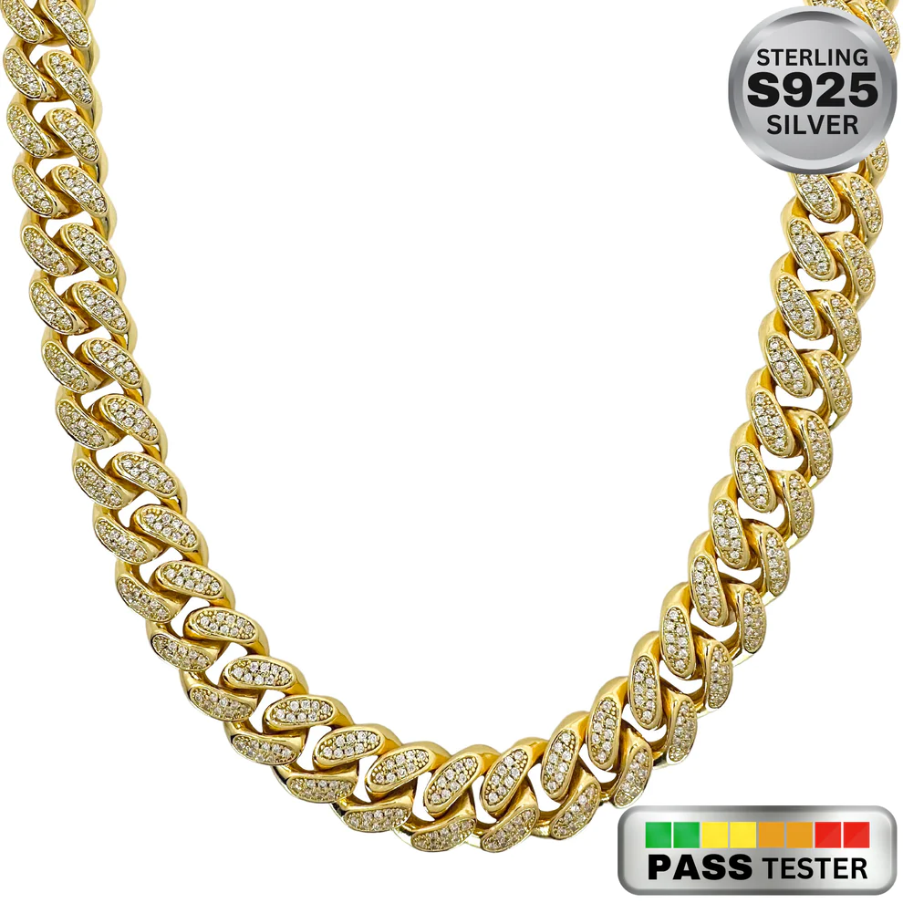 Moissanite Diamond Sterling Silver Cuban Link Chain in White/Yellow Gold