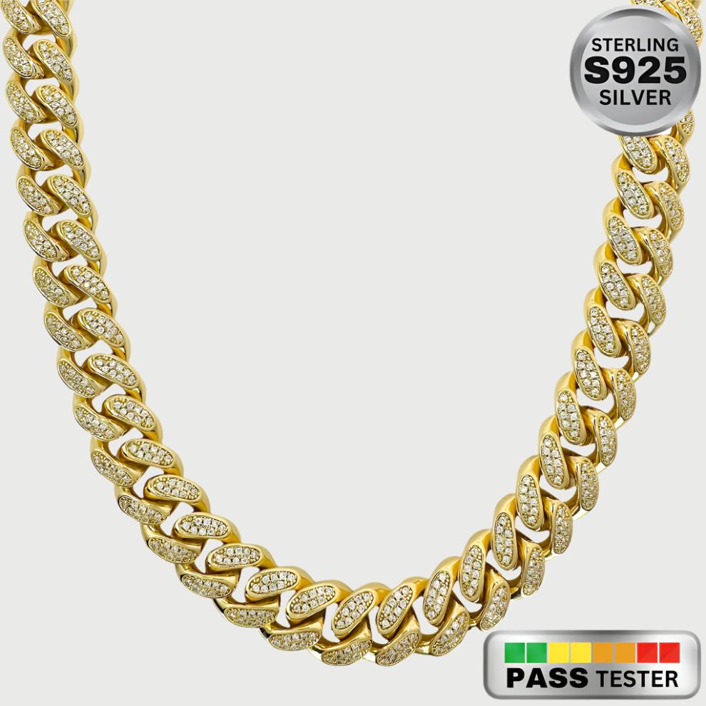 12mm Moissanite Diamond Sterling Silver Cuban Link Chain in White/Yellow Gold