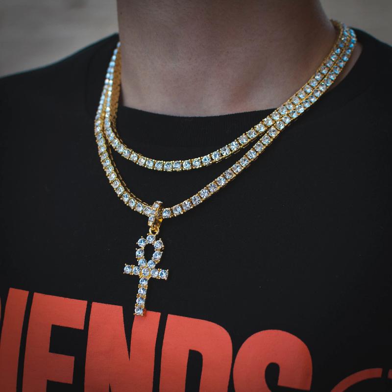 18k Yellow Gold Tennis Chain Bundle Ankh - The Jewelry Plug