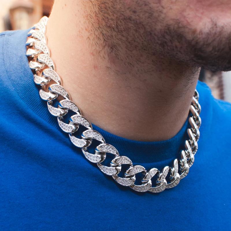 14k White Gold Diamond Cuban Link Chain Choker - The Jewelry Plug