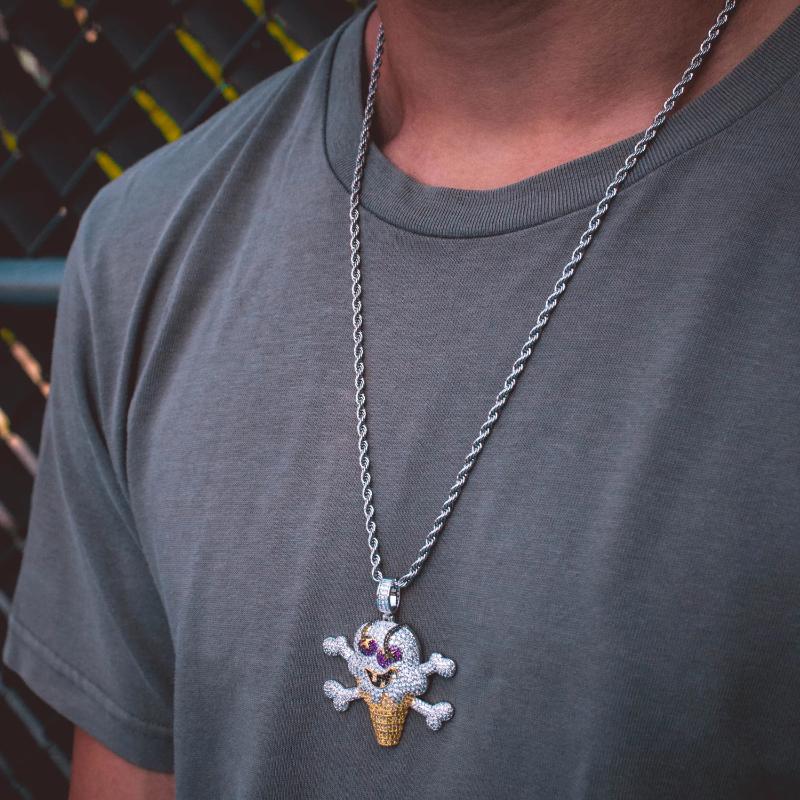 Diamond Ice Cream Skull & Bones Pendant Necklace - The Jewelry Plug