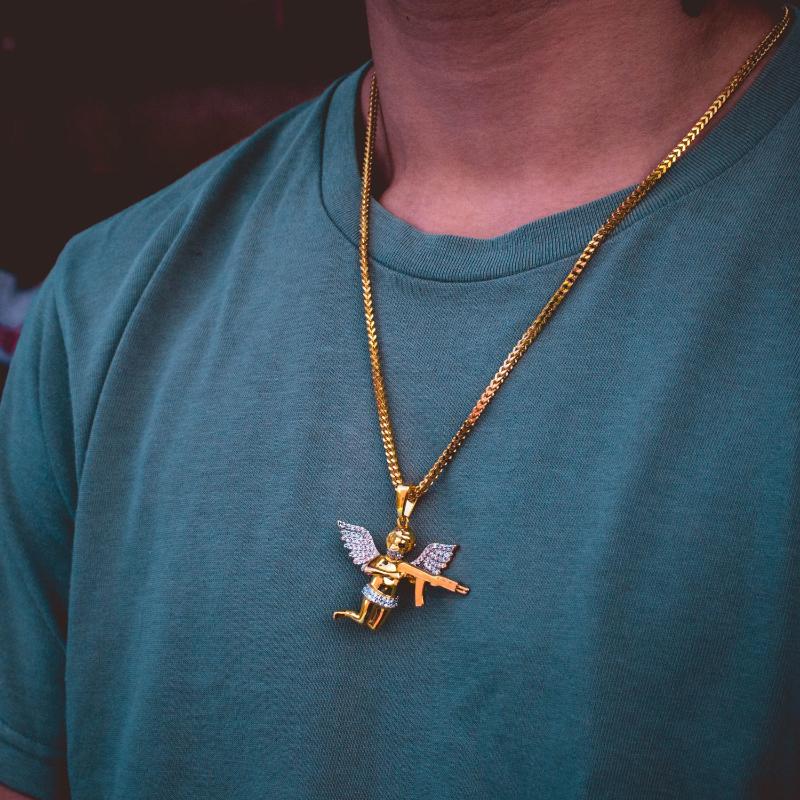 Angel of Death with Gun Pendant Yellow Gold Necklace Chain - The Jewelry Plug