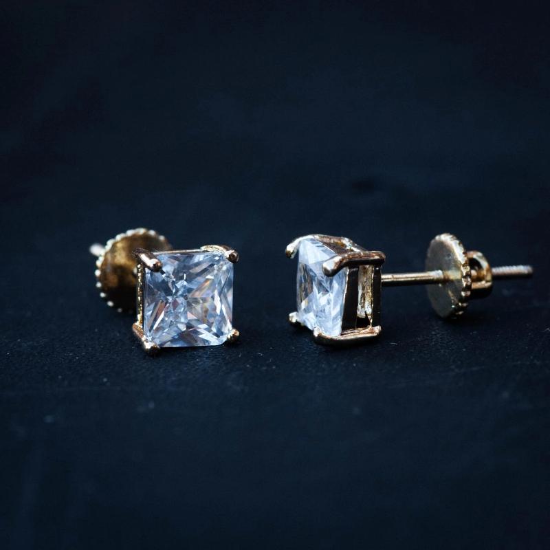 Princess Cut Square Diamond Stud Earrings in Yellow Gold - The Jewelry Plug
