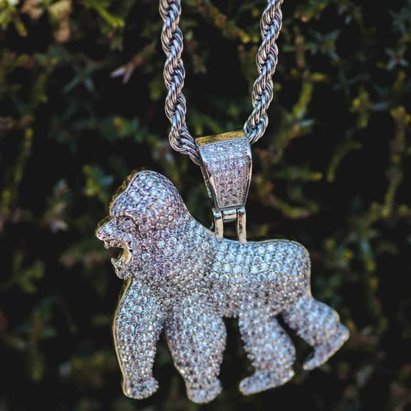 Diamond Gorilla Ape Pendant White Gold Necklace Chain - The Jewelry Plug