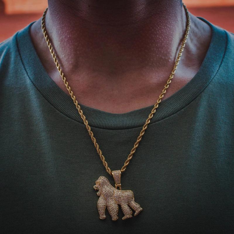 Diamond Gorilla Ape Pendant Yellow Gold Necklace Chain - The Jewelry Plug