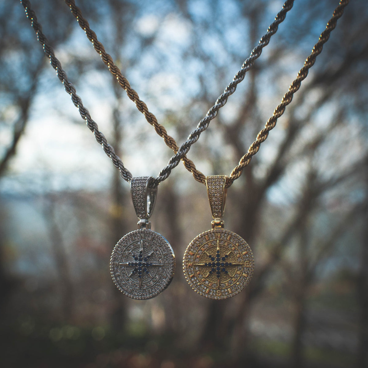 Compass Pendant Necklace in White/Yellow Gold