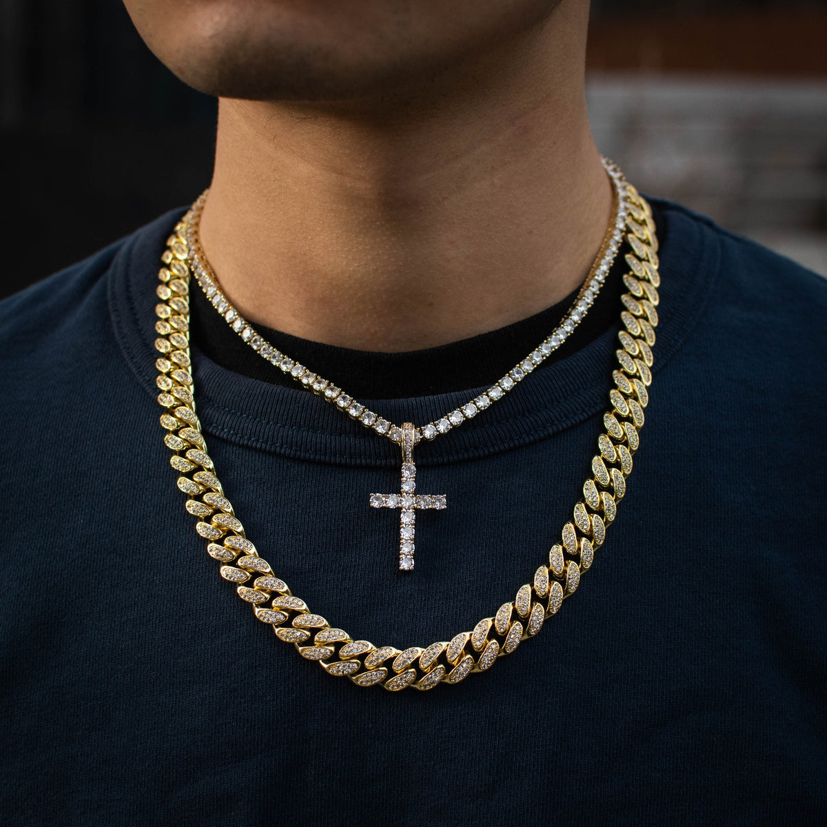 14k Gold Diamond Cuban Link + Tennis Chain w/ Cross - The Jewelry Plug