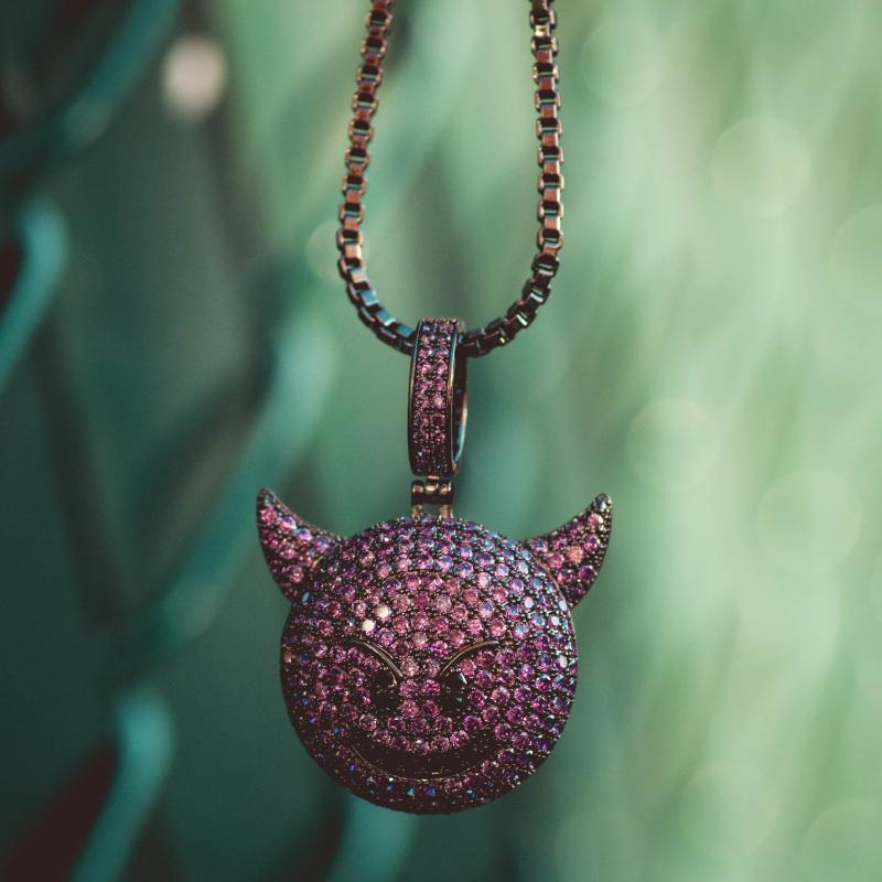 Graphite Purple Devil Emoji Iced Out Pendant Necklace The