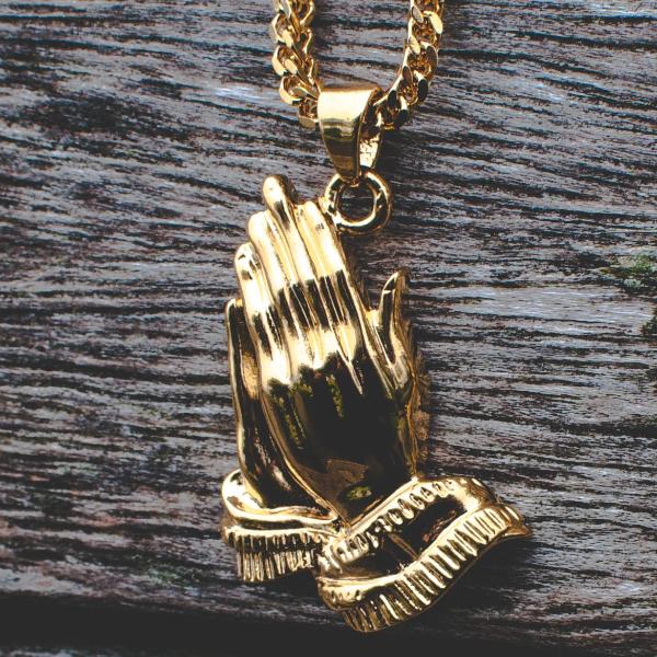 18k Gold Praying Prayer Hands Pendant Necklace - The Jewelry Plug