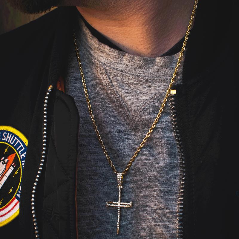 18k White/Yellow Gold Nail Cross of Suffering w/ Rope Chain Pendant Necklace - The Jewelry Plug
