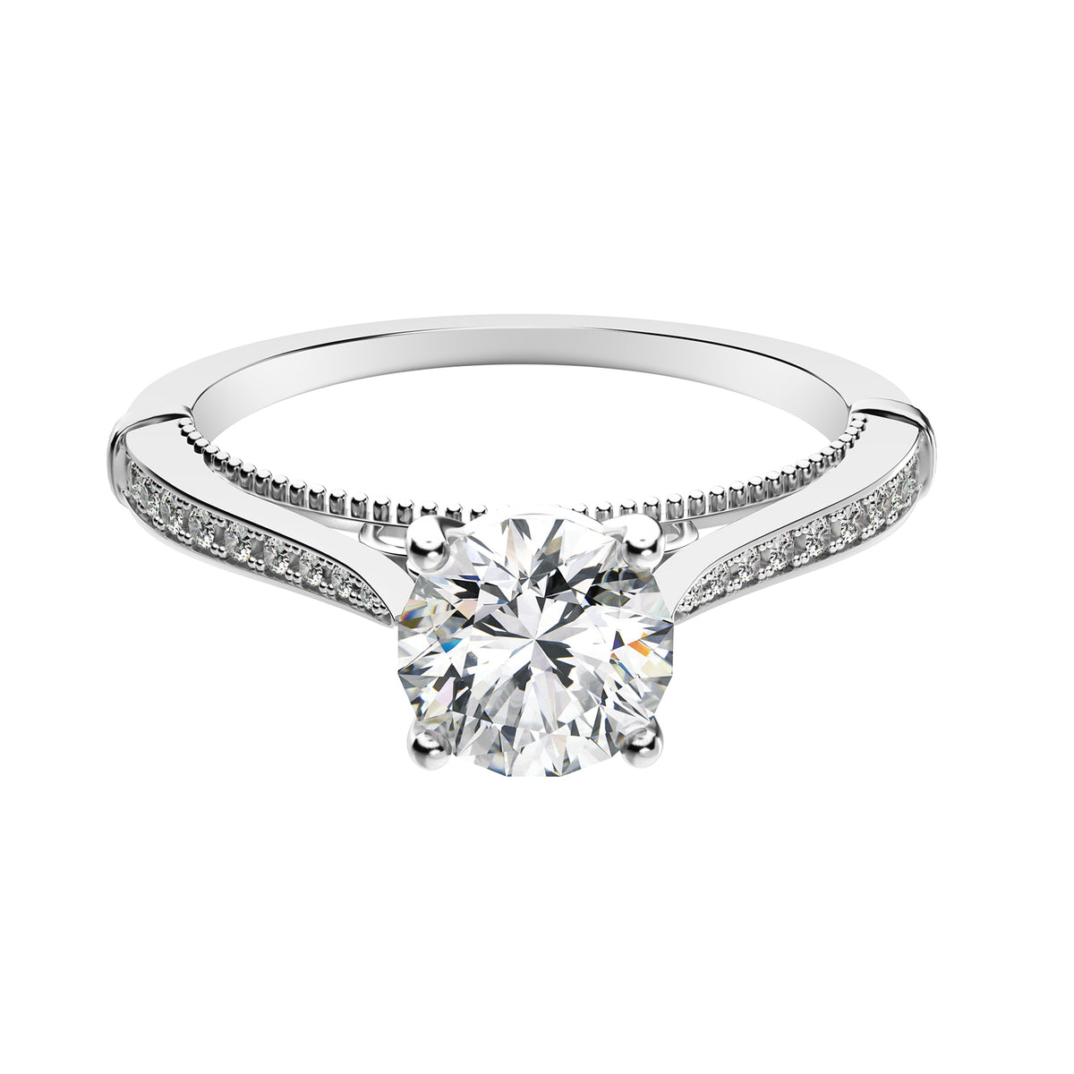 1 Row Detailed Accented Round Cut Moissanite Diamond Ring in Yellow/White Gold