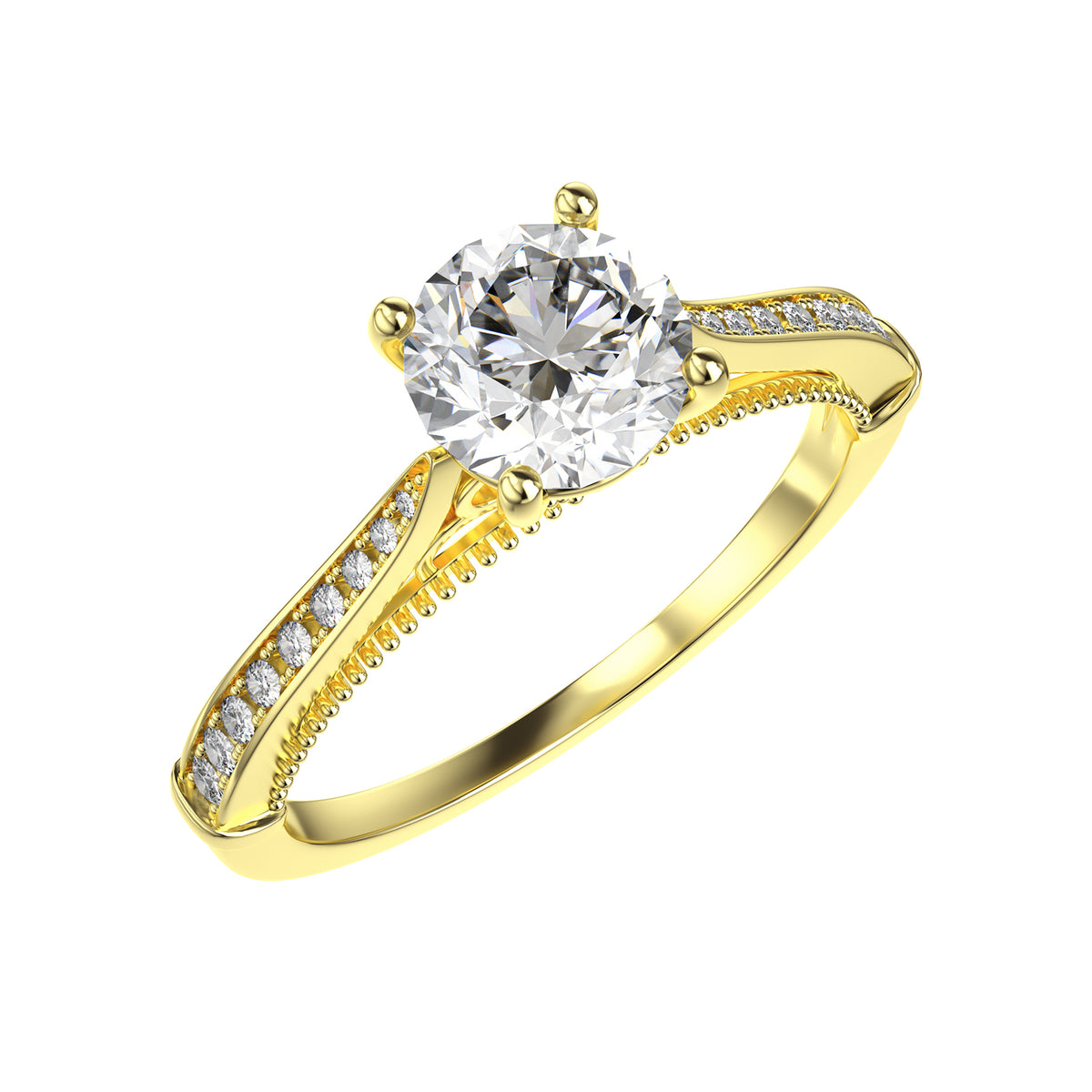 1 Row Detailed Accented Round Cut Moissanite Diamond Ring in Yellow/White Gold