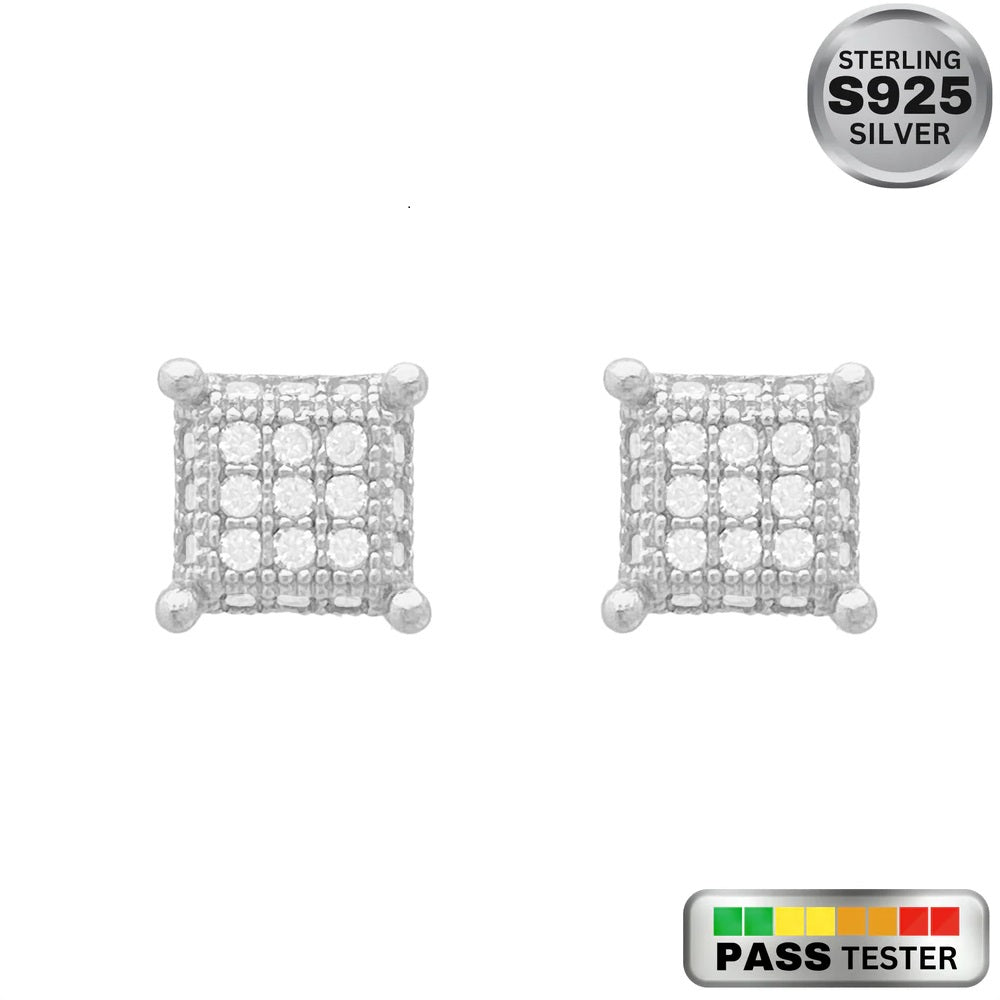 Moissanite Square Studded Sterling Silver Earrings in White/Yellow Gold