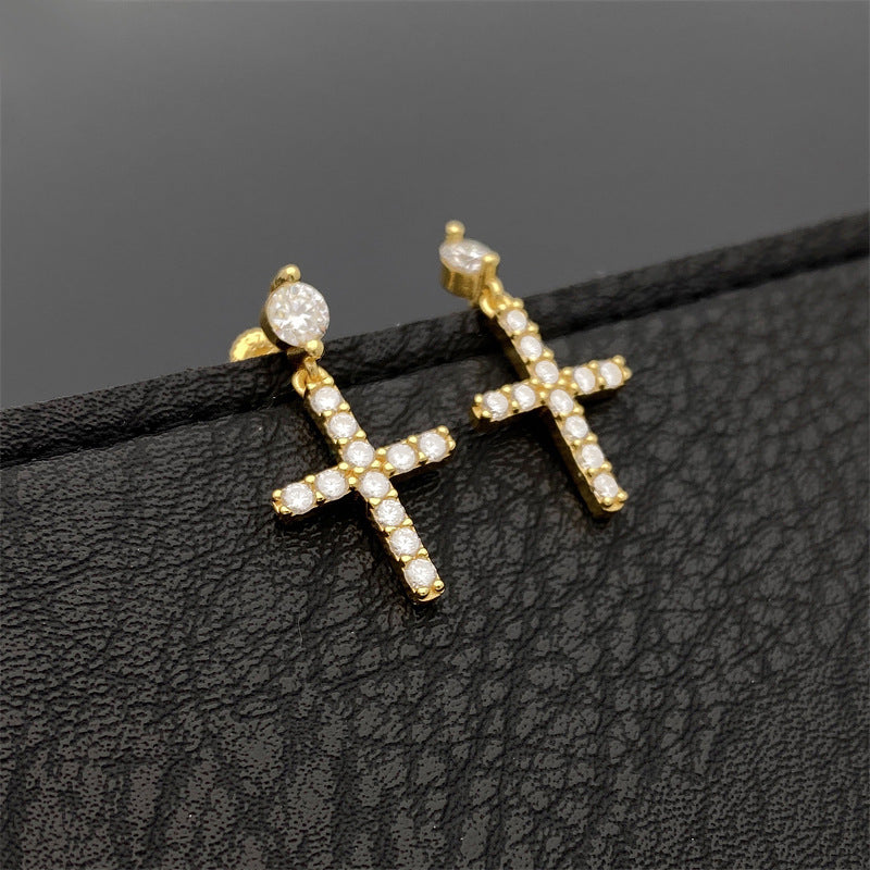 Moissanite Diamond T Cross Earrings in Yellow/White Gold - The Jewelry Plug