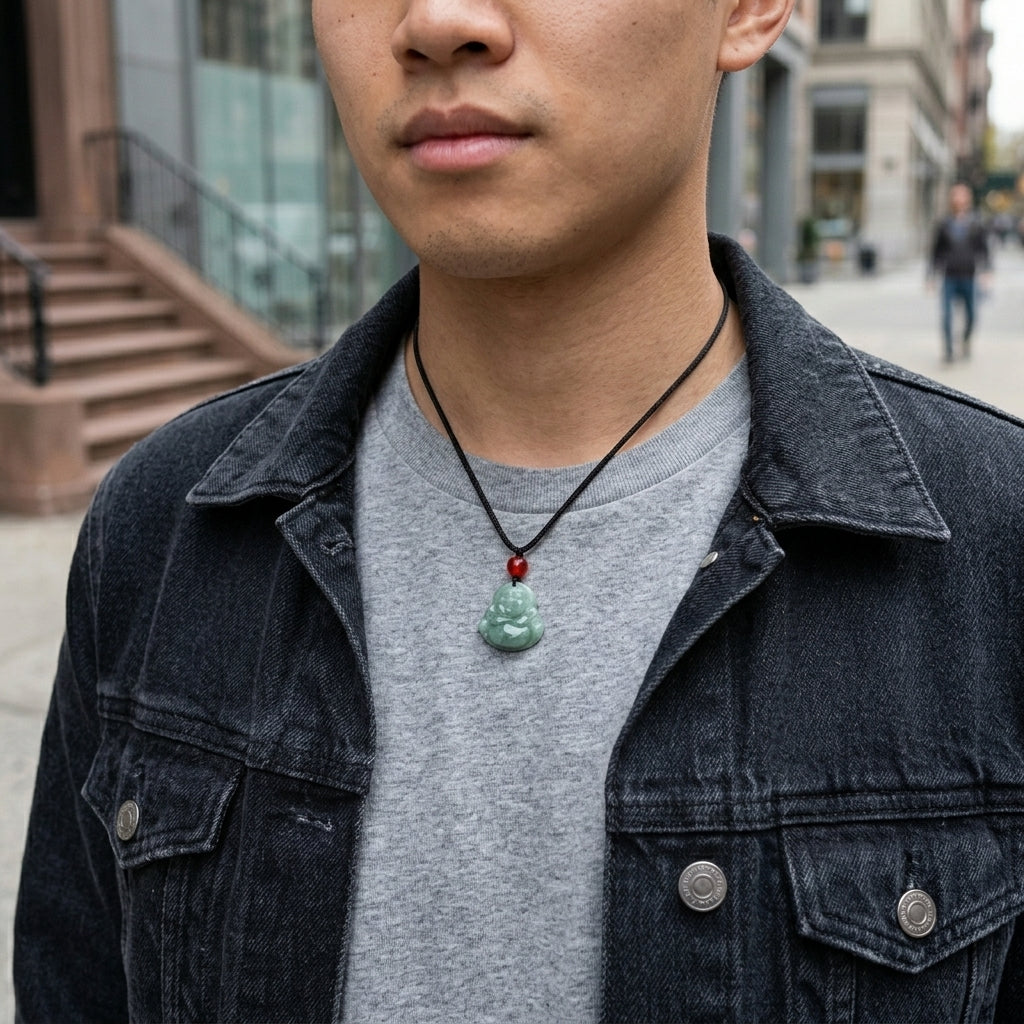 Polished green jade laughing buddha pendant with red accent bead