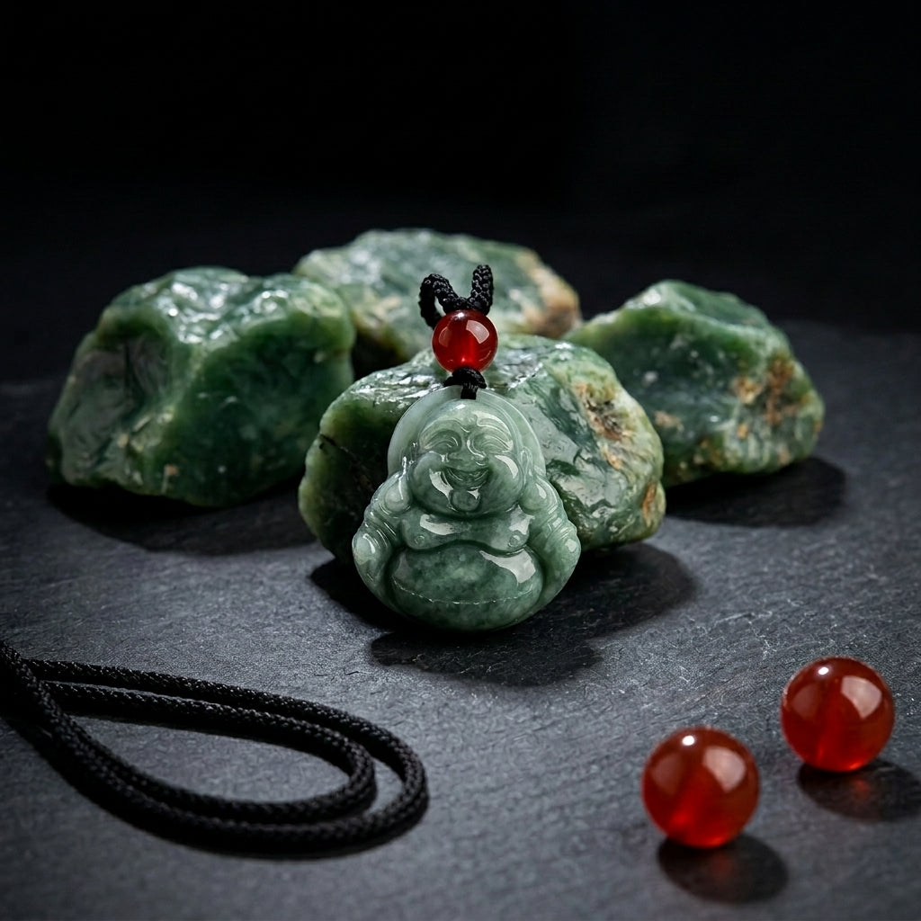 Polished green jade laughing buddha pendant with red accent bead