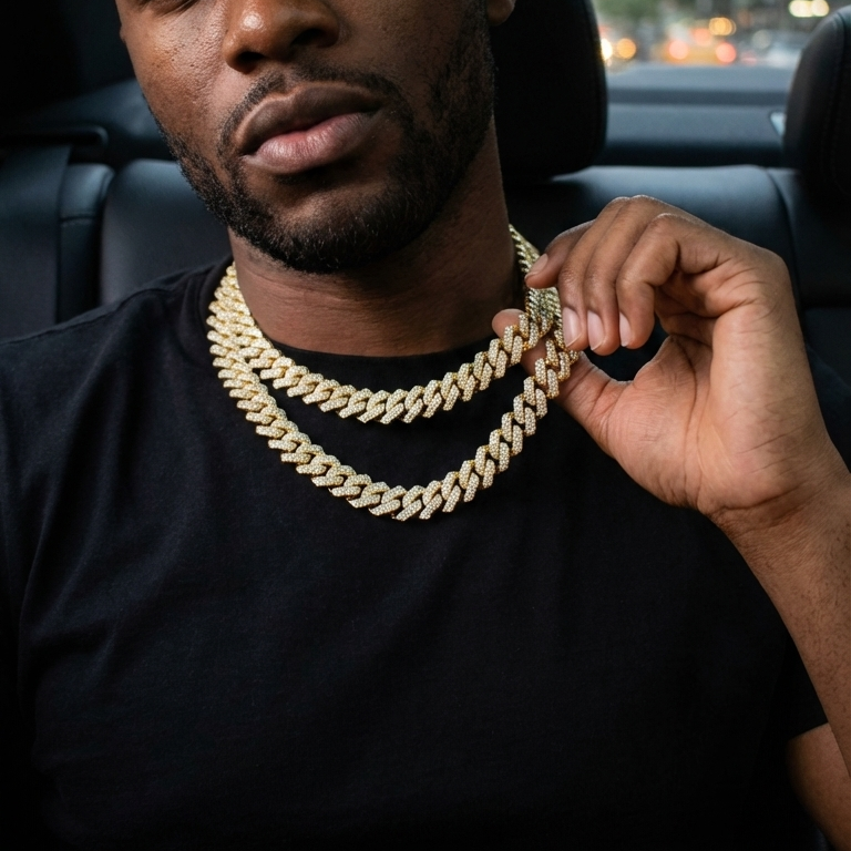 Man wearing a gold chain in a car with cityscape background