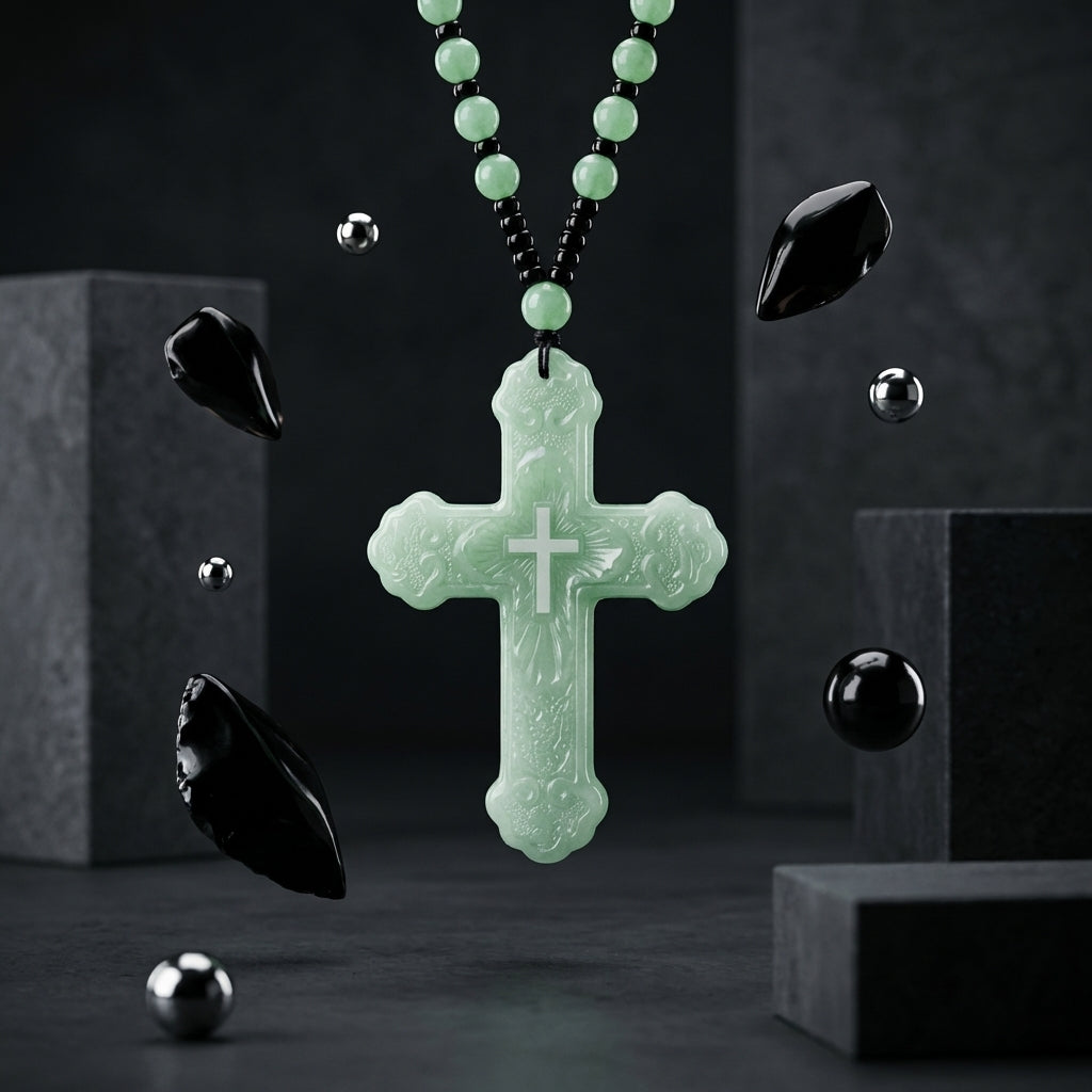Ornate light green jade cross pendant on a jade bead necklace