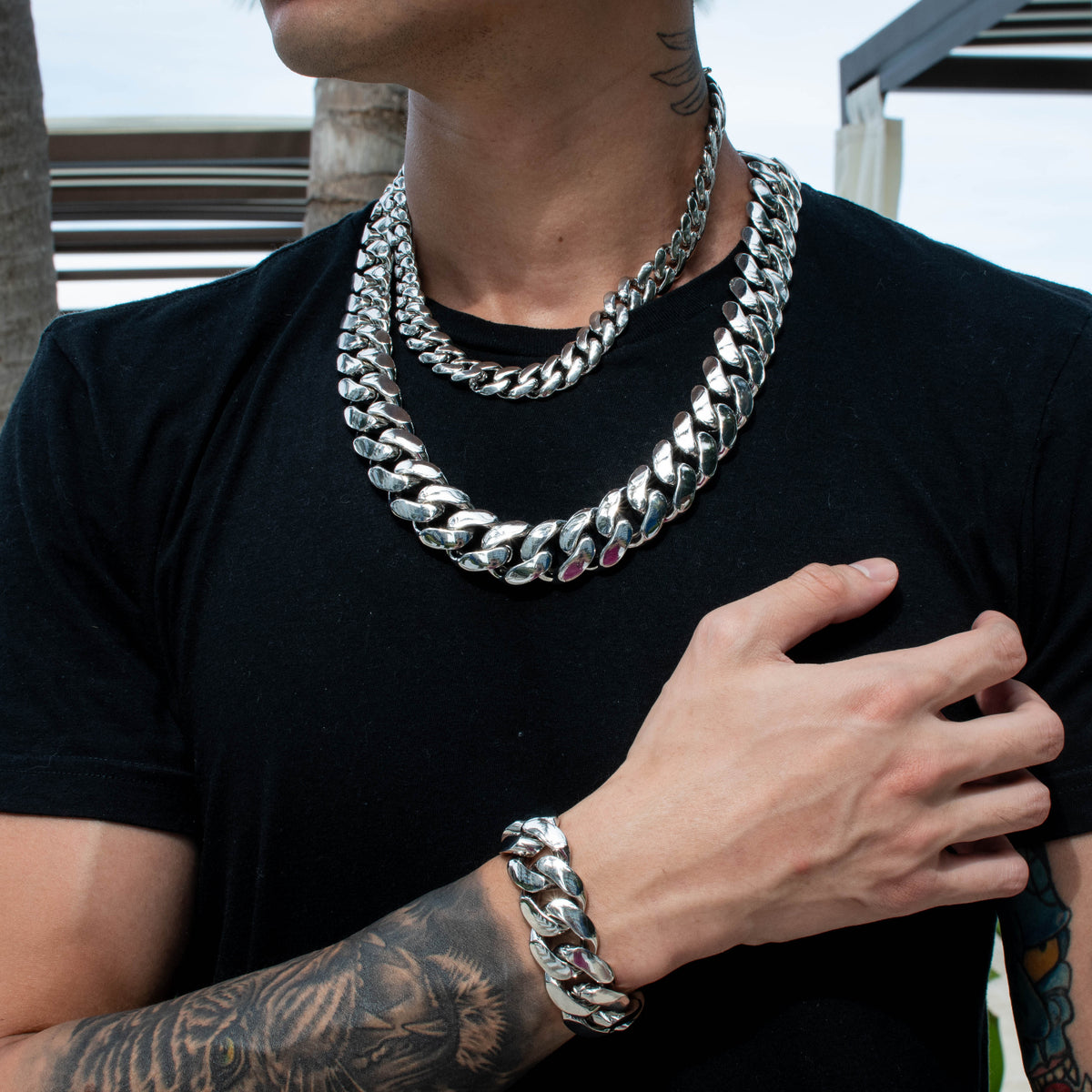 18k White Gold Handmade Miami Cuban Link Chain + Bracelet Bundle - The Jewelry Plug