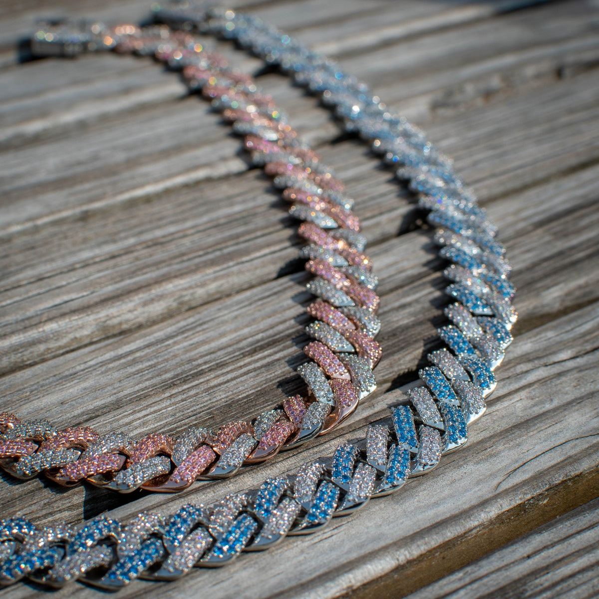 Two-Tone Diamond Straight Edge Cuban Link Chain Blue/White Gold