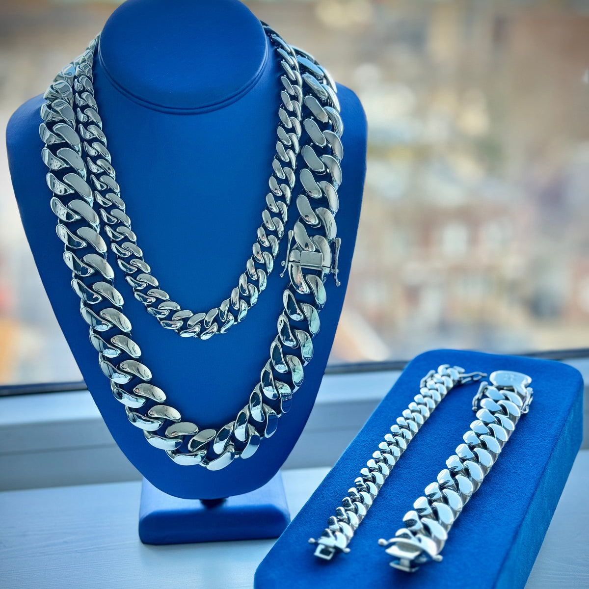 18k White Gold Handmade Miami Cuban Link Chain + Bracelet Bundle - The Jewelry Plug