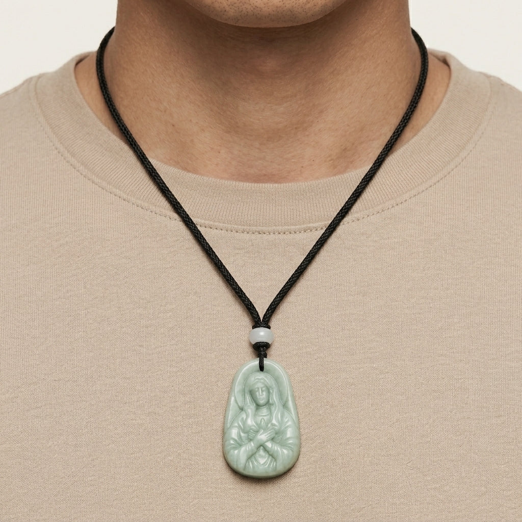 Hand-carved green jade Virgin Mary Madonna pendant necklace