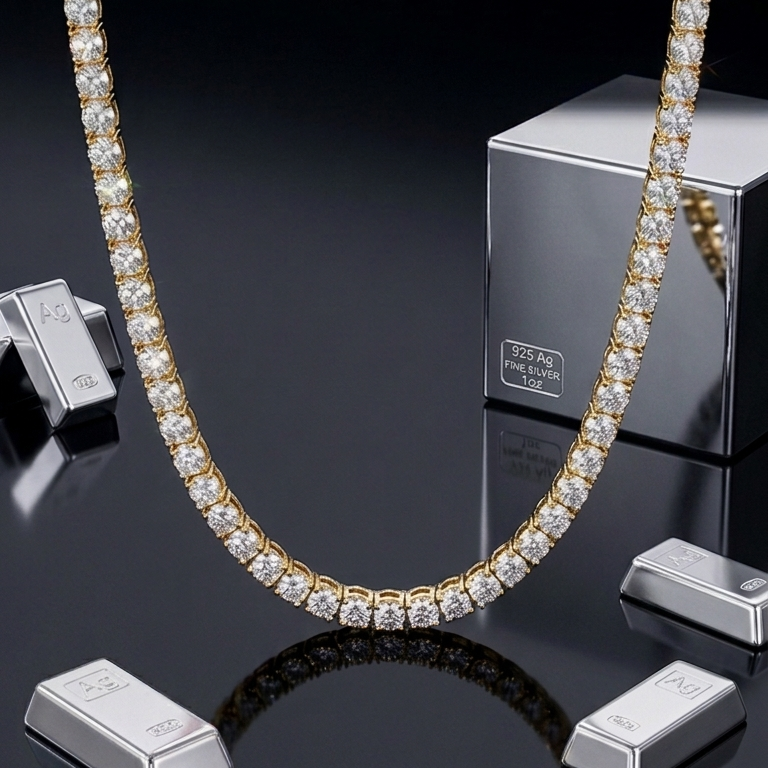 Moissanite Diamond Tennis Chain in Sterling Silver & Yellow Gold - The Jewelry Plug