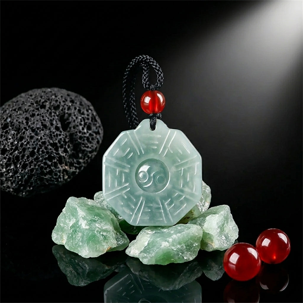 Octagonal green jade Bagua pendant with Yin Yang center and red beads.