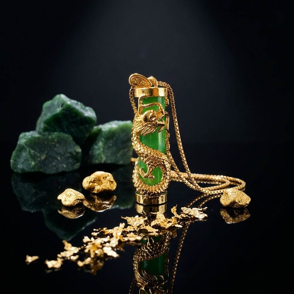 Gold dragon wrapped around a green jade cylinder bar pendant necklace
