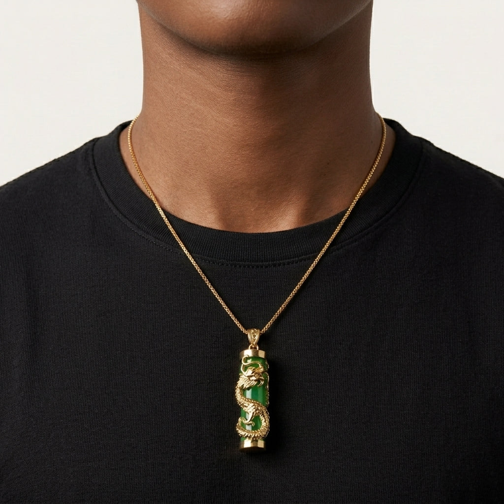 Gold dragon wrapped around a green jade cylinder bar pendant necklace