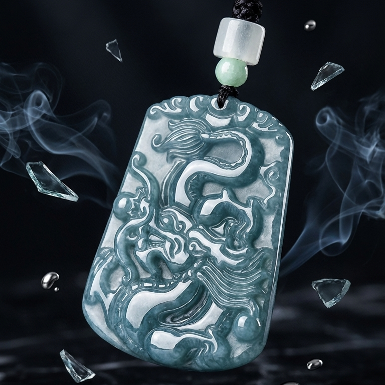 Hand-carved green natural jade dragon pendant necklace on black cord.