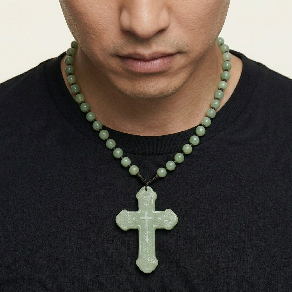Ornate light green jade cross pendant on a jade bead necklace