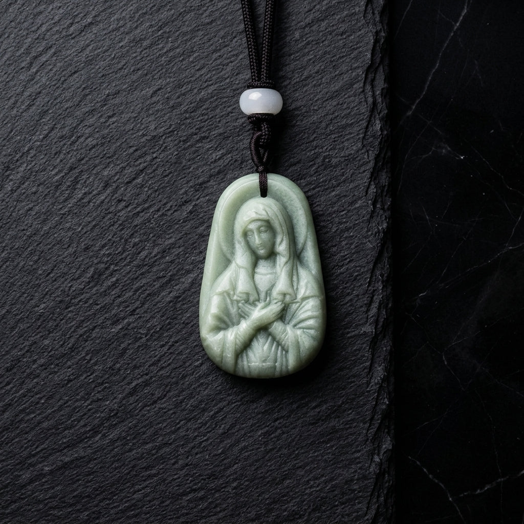 Hand-carved green jade Virgin Mary Madonna pendant necklace