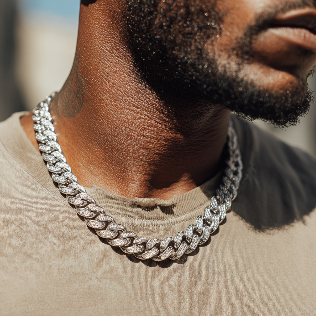 18k White Gold Diamond Cuban Link Chain Choker - The Jewelry Plug