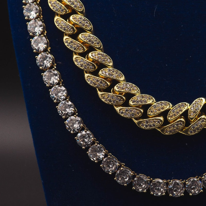 Diamond Cuban Link + Tennis Chain Bundle in White/Yellow Gold - The ...