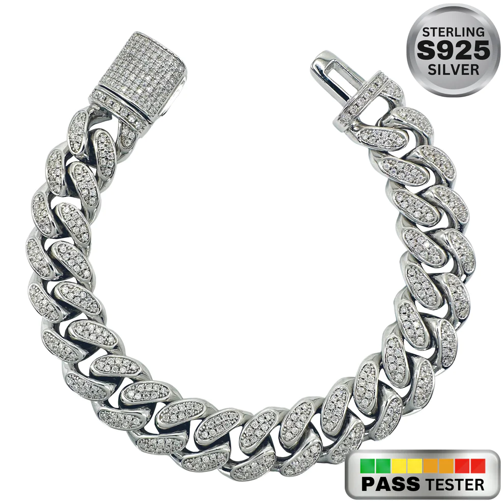 Moissanite Diamond Cuban Link Bracelet in White Gold - The Jewelry Plug