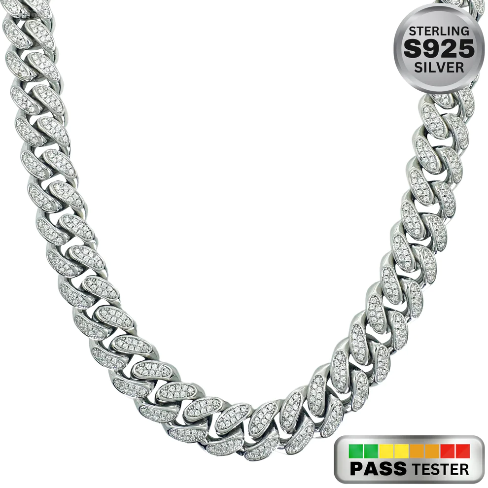 VVS Moissanite Sterling Silver Cuban Link Chain in White/Yellow Gold