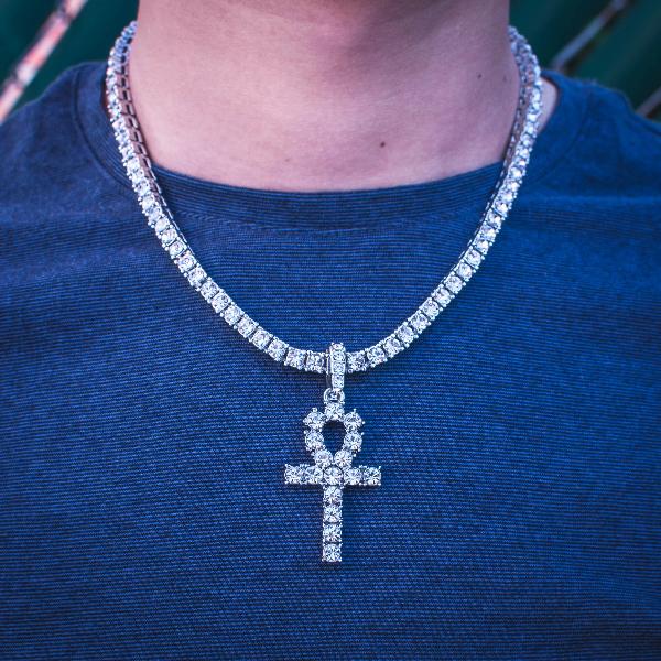 18k White Gold Diamond Tennis Chain w/ Ankh - The Jewelry Plug