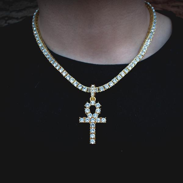 18k Yellow Gold Diamond Tennis Chain w/ Ankh - The Jewelry Plug