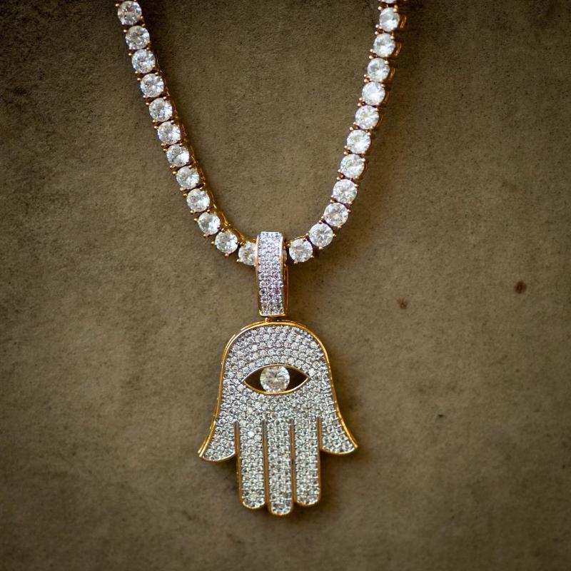 Evil Eye Hamsa Hand Necklace w/ Tennis Chain - The Jewelry Plug