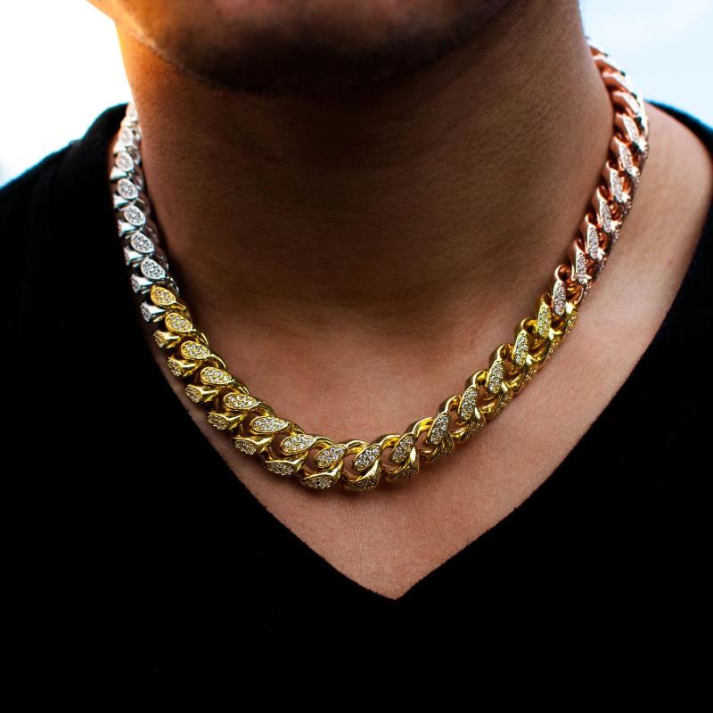 Tri-Colored Diamond Cuban Link Choker Chain - The Jewelry Plug