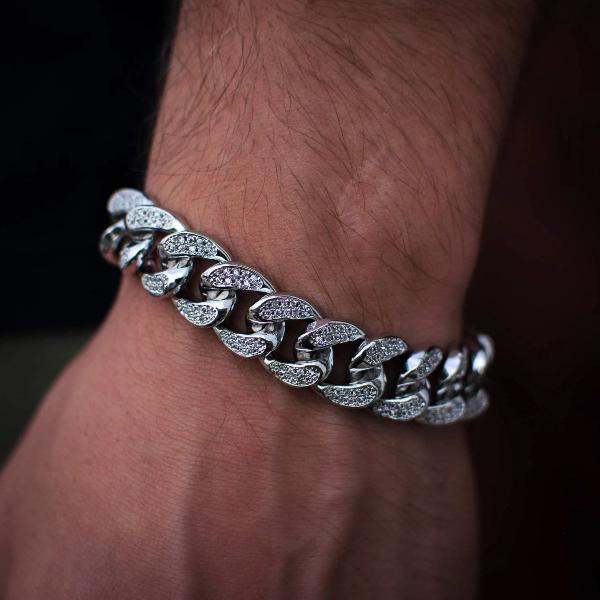 14k White Gold Diamond Cuban Link Bracelet - The Jewelry Plug