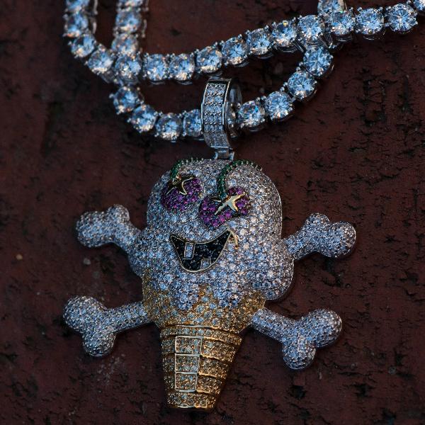 Diamond Ice Cream Skull & Bones Pendant Necklace - The Jewelry Plug