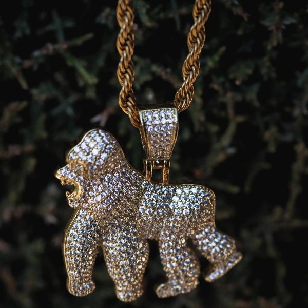 Diamond Gorilla Ape Pendant Yellow Gold Necklace Chain - The Jewelry Plug