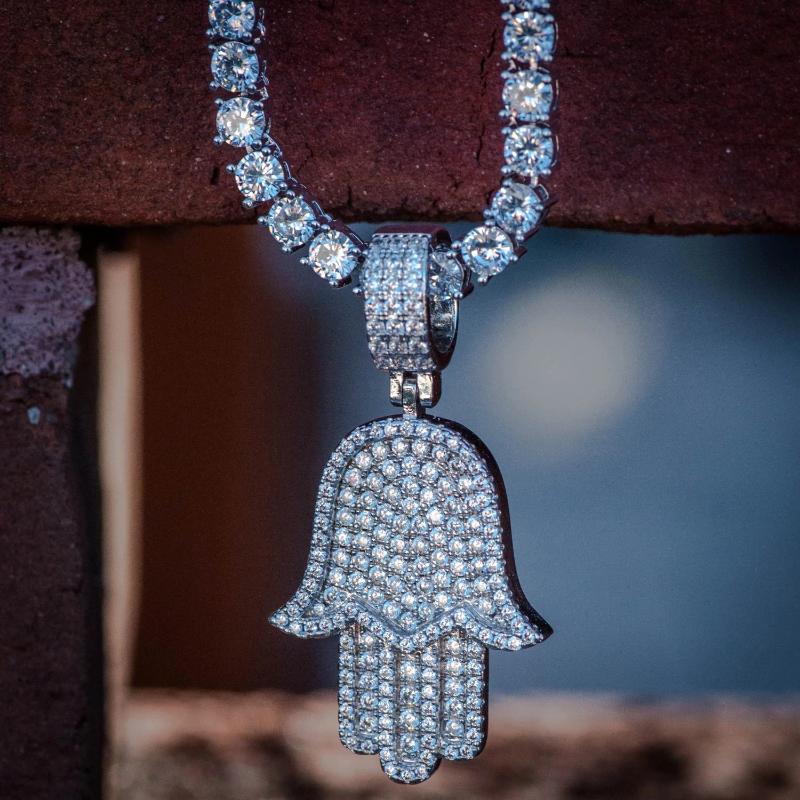 Diamond Iced Out Hamsa Evil Eye Pendant Necklace in White Gold - The Jewelry Plug